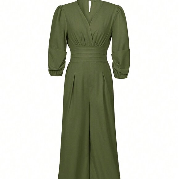 Army Green Elegant Women's Casual Solid Color Lantern Sleeve Jumpsuit - Picture 3 of 9